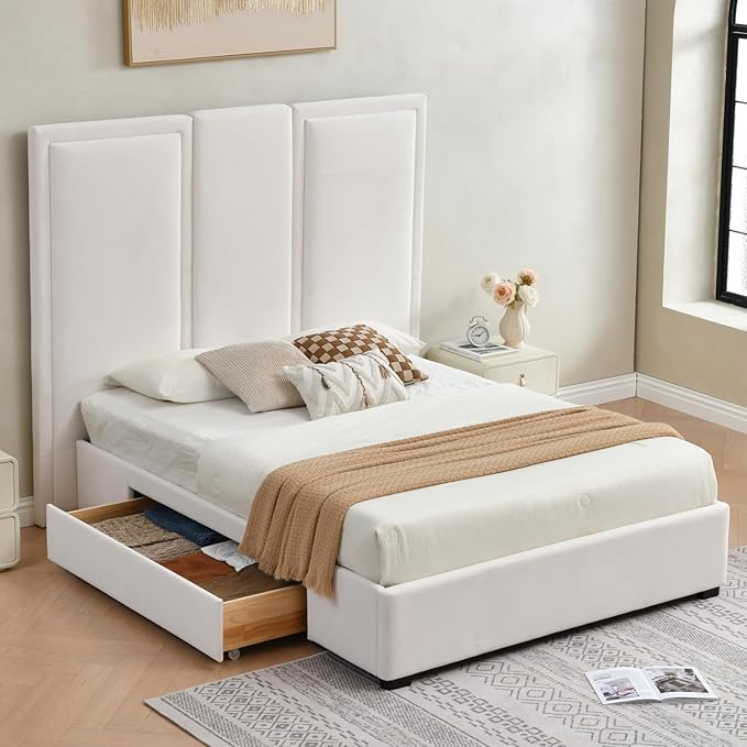 YUHUASHI Queen Size Bed Frame with 64-inch High Headboard Simple and Airy Linen Upholstered Platform Bed with Storage Drawers Wood Slat No Noise (White Queen (U.S. Standard))