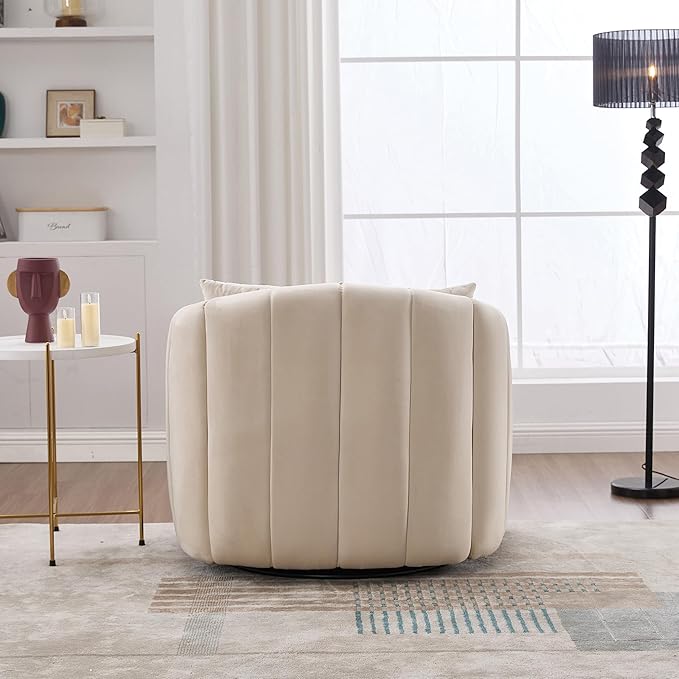 360° Swivel Barrel Chair with Curved Backrest 40 W Velvet Armchair with 3 Soft Pillows Accent Lounge Chair with Channel Tufted Design for Living Room Bedroom Studio Beige
