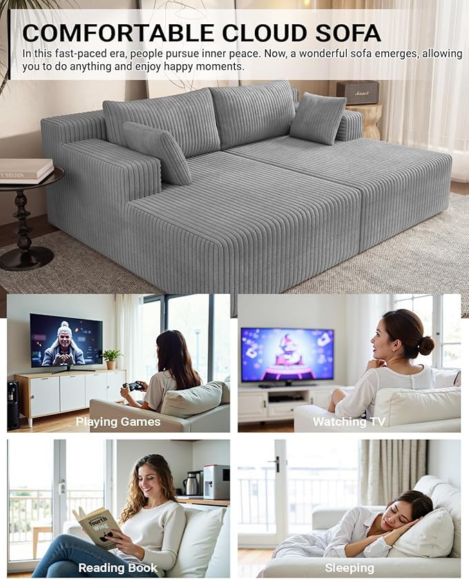 71 Oversized Double Chaise Lounge Sofa Cloud Plush Deep Seat Loveseat Sleeper Couch Upholstered Boneless Corduroy Sofa Bed No Assembly Modern Lounge Chair for Living Room Bedroom Reading (Grey)