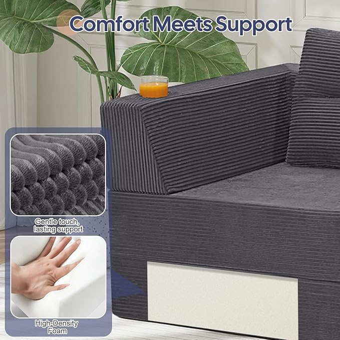 COMAX Futon Sofa Bed 3 Seater 106 Convertible Sofa Bed Couches for Living Room 4 in 1 Folding Boneless Sleeper Corduroy Couch Foam in a Box Comfy Foldable Lounge Fold Out Floor Mattress Grey