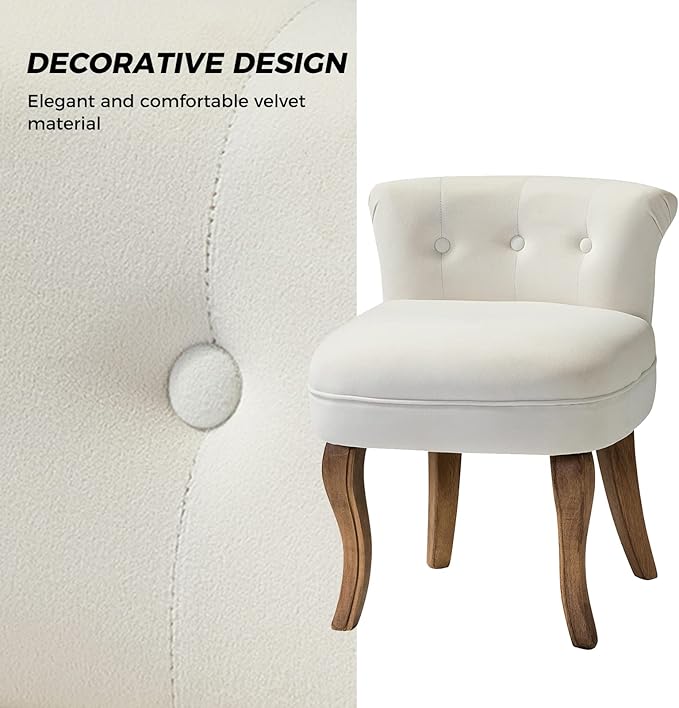 HULALA HOME Velvet Vanity Stool with Low Back Modern Vanity Chair with Solid Wood Legs Small Upholstered Makeup Chair Home Decor for Bedroom Living Room Dressing Table Women Girls Ivory