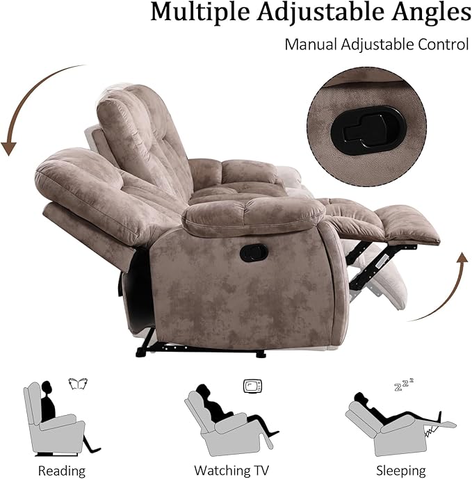 CANMOV Manual Recliner Loveseat 2 Seat Recliner Sofa Chair with Overstuffed Armrest and BackrestSoft Fabric Reclining Couch Living Room Set with Hidden Cup Holders for Adults Elderly Apricot
