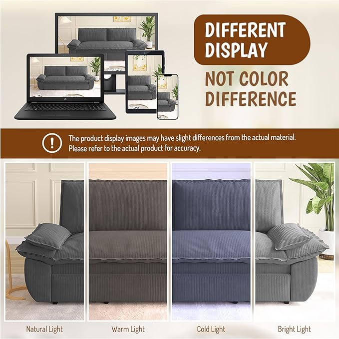 Cilee 73.2 Folding Sofa Bed 3-in-1 Convertible Loveseat Sleeper Sofa Pull Out Futon Sofa Comfy Floor Couch with Storage Pocket &amp 2 Pillows Love Seats Furniture for Living Room Corduroy Gray