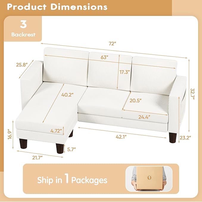 VICTONE Convertible Sectional Sofa Couch 3 Seat L-Shaped Sofa with Linen Fabric Ottoman Small Couch for Small Apartments Living Room and Office (Corduroy Cream)