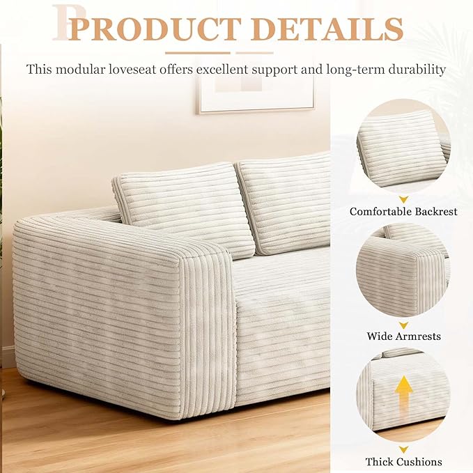 63 White Boneless Couches for Living Room Compressed Sofa Couch in a Box Corduroy Memory Foam Floor Couch for Adults Memory Foam Deep Seat No Assembly Required (White)