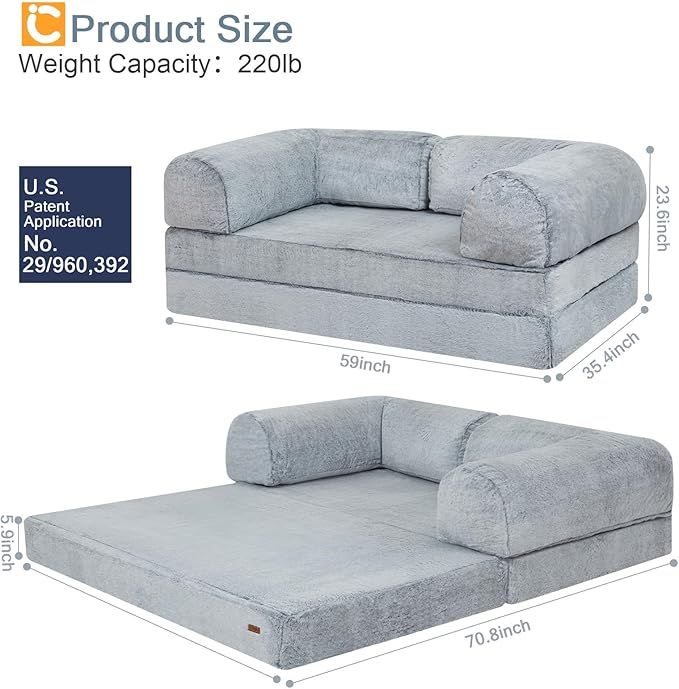 COMAX Folding Sofa Bed Queen Foldable Couch Bed Fold Out Futon Chair Sleeper for Adults Convertible Floor Mattress Sofa for Bedrooom Living Room Snow Light Grey