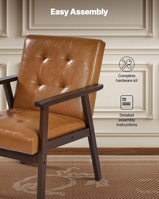 VEVOR Accent Chair Mid Century Modern Armchair with Solid Wood Frame and Non-Slip Legs Upholstered Leisure Chair with PU Leather and Soft Cushion for Living Room Bedroom Office