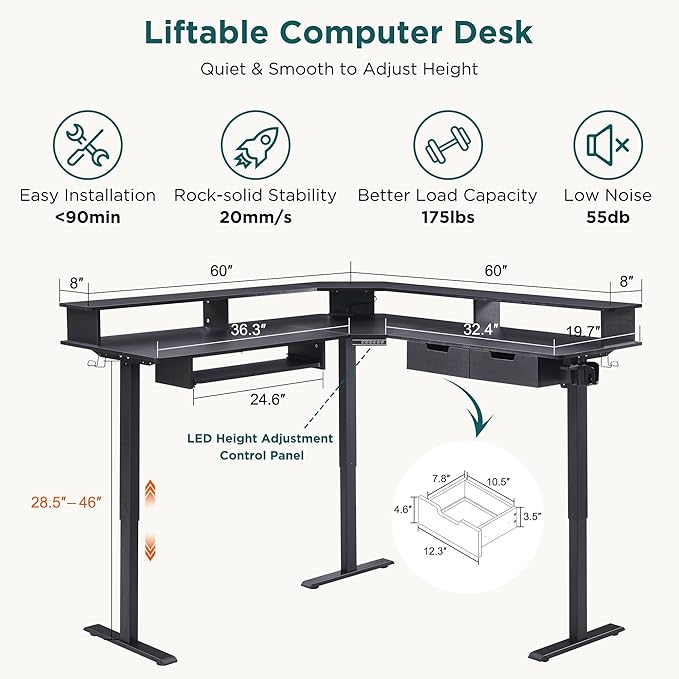 RedLemon 60 Inches L Shaped Electric Standing Desk Height Adjustable Corner Gaming Desk with Drawers Power Outlets &amp LED Lights Computer Desk with Monitor Shelf Carbon Fiber Black