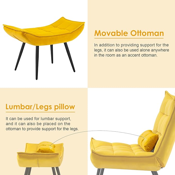 MCombo Accent Chair with Ottoman Modern Velvet Wingback Lounge Chair Upholstered Club Chair for Small Space Living Room &amp Bedroom 4079 (2 Yellow)