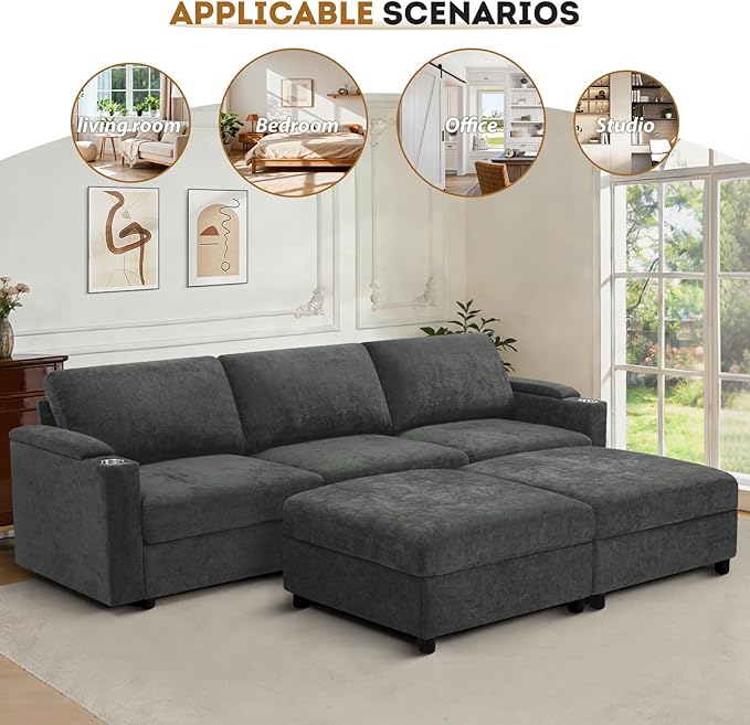 108'' Chenille Sectional Couch with Storage ArmrestsU Shaped Upholstered Sofa with 2 Movable Ottomans 5-Seat Modular Couch with Cup Holders for Living Room Grey