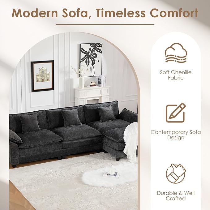 117.3 Modern Chenille Modular Cloud Sofa 3 Seater L Shaped Couch with Movable Ottoman Featuring Deep Seats and Pillows Easy Assembly Comfy Couches for Living Room Black