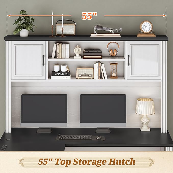 SEDETA Farmhouse L Shaped Desk with Hutch and 3 Drawers 68.9 Executive Office Desk with File Drawer and Power Outlet Corner Computer Desk with Storage Shelves for Home Office White
