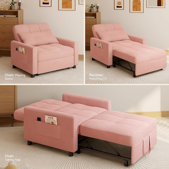 Aiho Convertible Sleeper Chair with Pillow &amp Pocket 3-in-1 Sofa Bed in Modern Linen Fabric for Apartment Pink