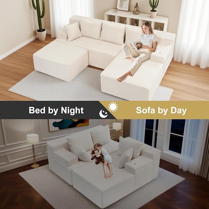 Boneless Couch Cloud Modular Sectional Sofa Modern Convertible L Shaped 3 Seat Deep Seat Boneless Couches with 5 Pillows for Living Room Apartment (Beige Right Facing Chaise+Ottoman)
