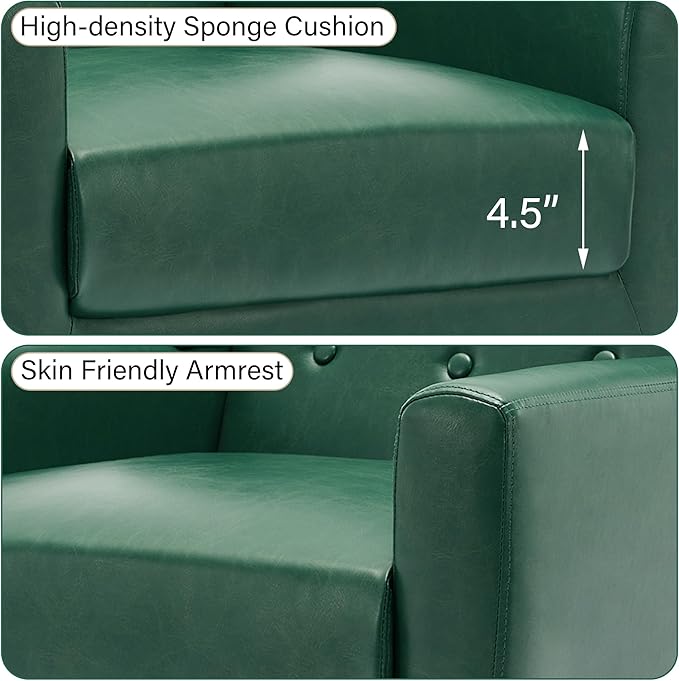 Accent Chair Mid-Century Modern PU Leather Chairs with Arms for Living Room Comfy Upholstered Club Single Sofa Armchair for Bedroom Waiting Room with Solid Wood Frame（Leather Green Set of 2)