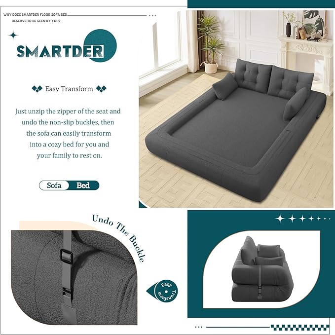 Convertible Sofa Bed with Folding Mattress Oversized Human Dog Bed 3-in-1 Sleeper Couch with Pillows and Thick Armrests 78.7 King Size Floor Sofa for Living Room Bedroom Guest Room Grey Teddy