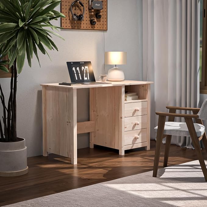 From the Tree Furniture Solid Wood Desk with Drawers – Compact Study Desk for Kids &amp Adults Space-Saving Home Office Writing Table Real Pine Construction