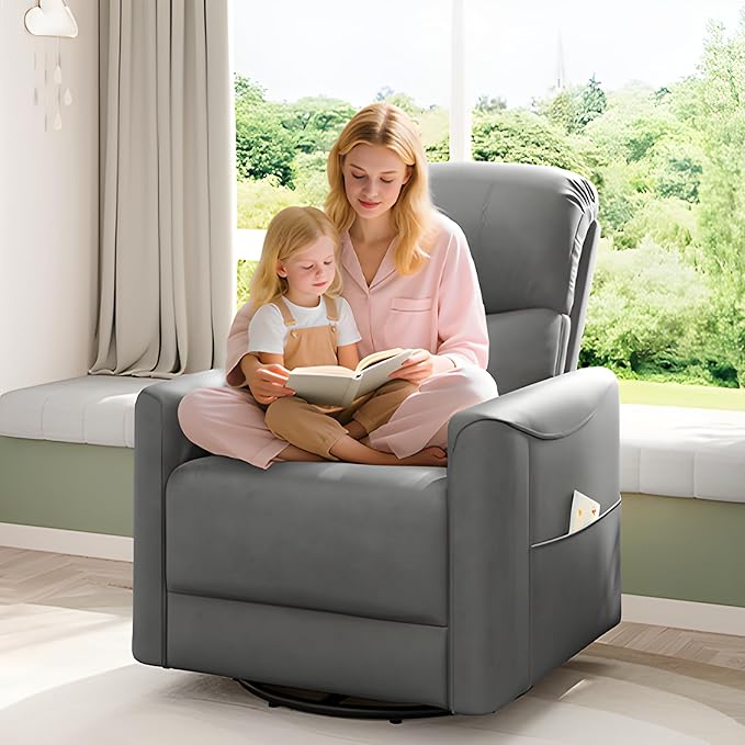 Power Swivel Rocker Recliner Power Recliner Chair 360° Swivel Small Recliners for Small Spaces Infinite Position Rocking Chair Nursery PU Leather Living Room Chairs with USB Port Gray