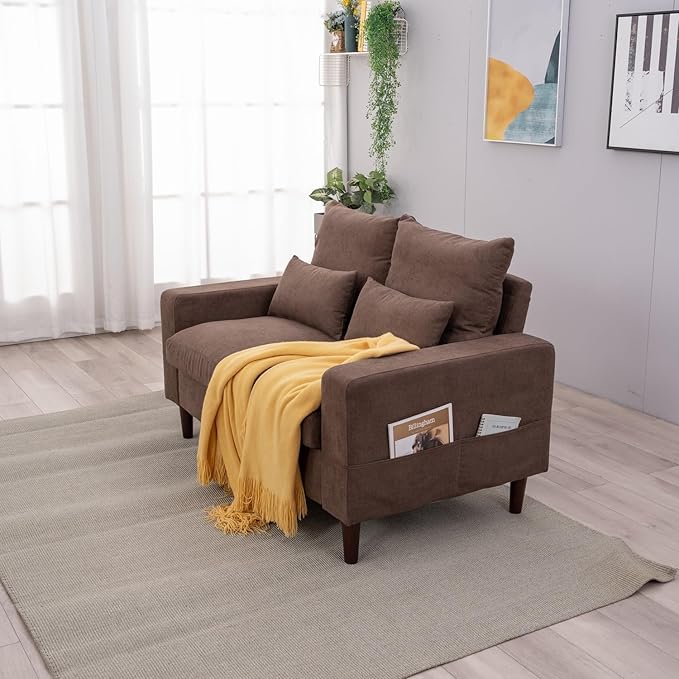 Panana Sectional Sofa Couch Loveseat Modern Linen Love Seater Home Furniture with Wooden Legs for Small Space Living Room 54.5'' W (Brown 2 Seater Sofa Only)