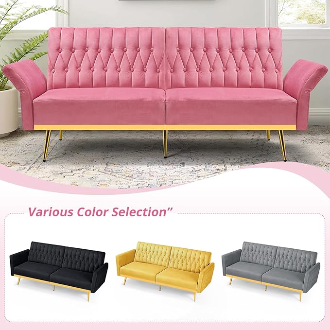 2 Pieces Velvet Sofa Set with Adjustable Armrest and Backrest 70” Convertible Futon Sofa Bed &amp Mordern Accent Chair with Ottoman for Living Room Bedroom Pink
