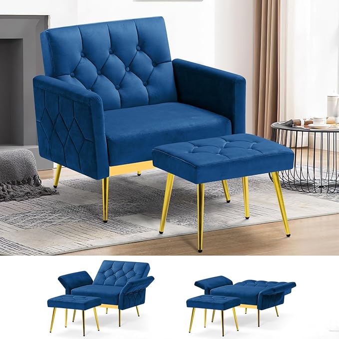 Velvet Accent Chair w/Adjustable Armrests and Backrests Tufted Single Sofa with Ottoman Upholstered Reading Chiar for Living Room Apartment Bedroom Blue