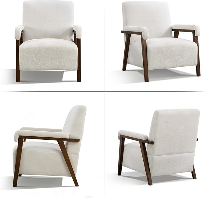 Mid Century Modern Accent Chair Upholstered Armchair with Thick Seat Cushion and Solid Wood Frame Thick and Comfy Innerspring Seat Cushion Short Plush Fabric Arm Chair for Living Room(1White)