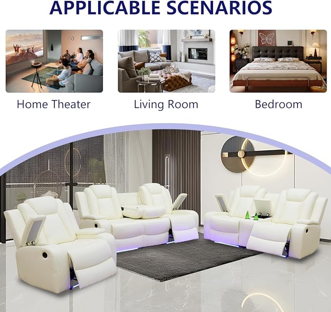 White Leather Power Recliner Loveseat with LED Lights Home Theater Reclining Sofa Loveseat Luxury 2 Seater Reclining Couch with Cup Holders/Storage for Living Room/Bedroom/Office Warm White