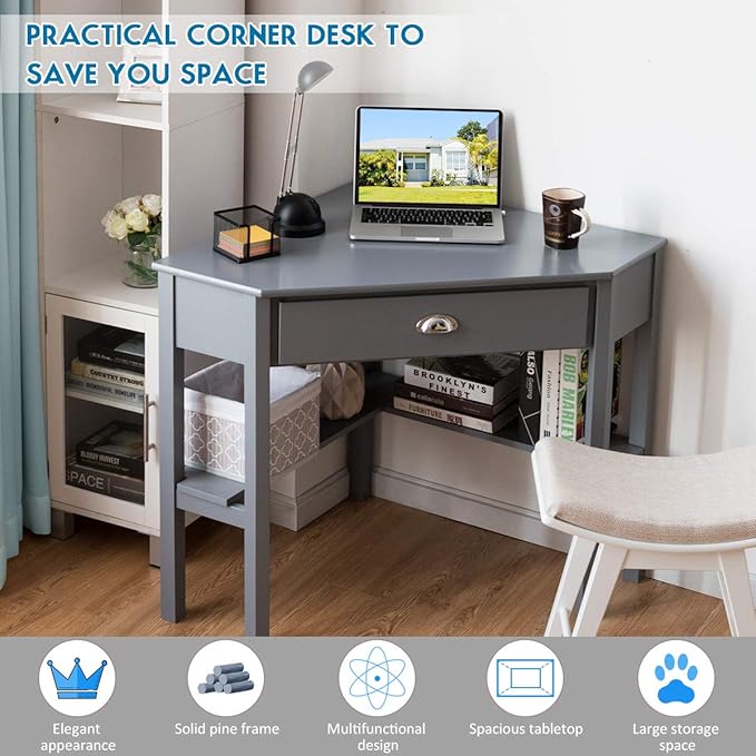 RELAX4LIFE Corner Computer Desk Triangle with Drawer and Shelves Stable Laptop PC Table Home Office Writing Desk Study Workstation Desk (Gray)