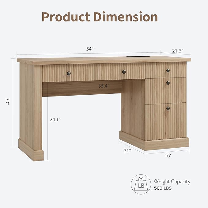 GAOMON 54'' Fluted Home Office Desk with Storage Modern Executive Desk with Charging Station Wooden Computer Desk with Drawers for Storage File Writing Desk for Study Living Room Bedroom