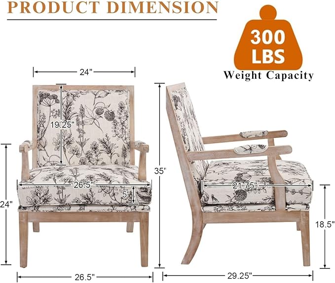 Modern Farmhouse Accent Chair Wide Linen Upholstered Living Room Chair with Armrest Pads Coastal French Country Wooden Armchair for Bedroom Guest Room Floral Pattern