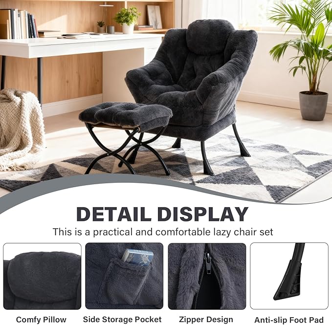 Lazy Chair with Ottoman Modern Accent Chair Lounge Leisure Sofa Chair with Armrests Reading Chair and Folding Footstool for Living Room Bedroom Office Plush Navy