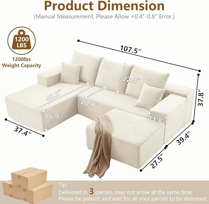 107 L-Shape Sofa with Ottoman Modern Modular Sectional Comfy U-Shape Cloud Couch Deep Seat Upholstered Corduroy Sleeper Chaise Longue for Living Room Bedroom No Assembly Required White