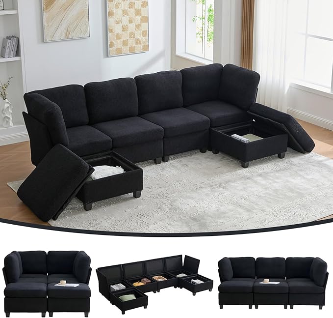 113 Modular Sectional Sofa Couch with Storage U Shaped 4 Seat Couches with Movable Ottoman Freely Combinable Deep Seat Sofa Upholstered Sectional Couches for Living Room Black