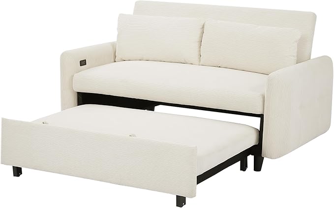 Pull-Out Sofa Bed Convertible Couch 2 Seat Loveseat Sofa Corduroy Fabric Upholstered Sleeper Sofa with 2 Throw Pillows and USB Ports for Living Room Office Apartment (Beige)