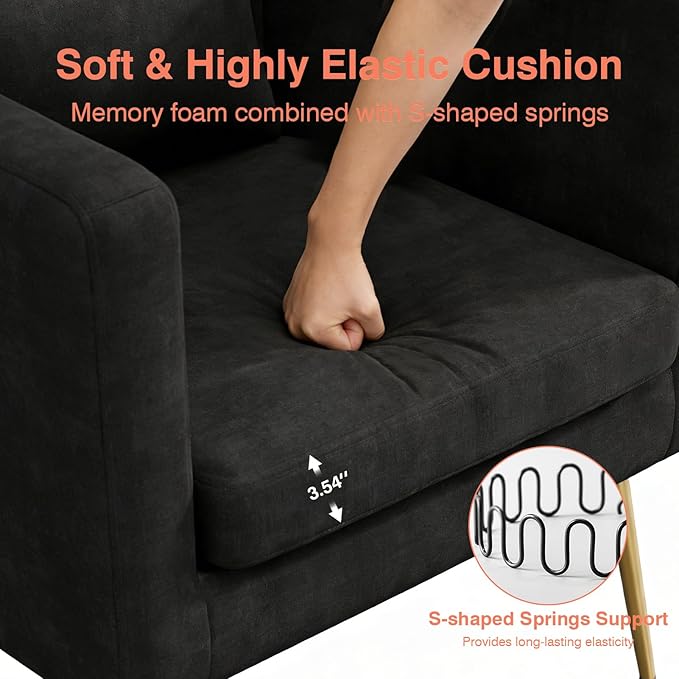 Velvet Accent Chair Modern Barrel Armchair with Lumbar Pillow &amp Gold Legs Upholstered Club Chairs for Living Room/Bedroom/Guest Reception Black