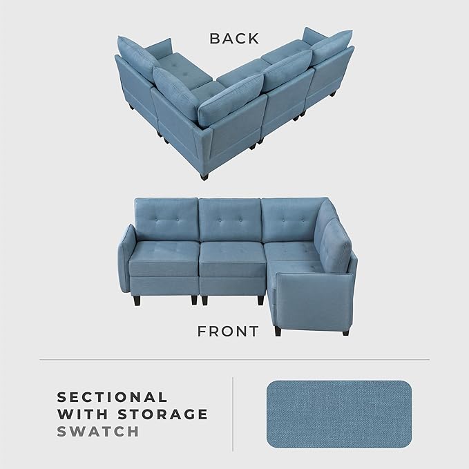 Lexicon L Shape Sectional Couch with Hidden Storage Textured Fabric Modular Sectional Sofa with Button-Tufted Design Reversible Back Cushion 4 Seater Sofa Blue