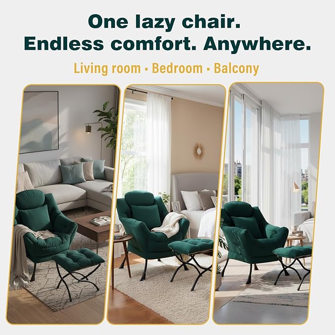 Lazy Chair with Ottoman Large Accent Chair with Ottoman and a Throw Pillow Dark Green Reading Chair for Living Room Bedroom Dorm Room Office Apartment Relaxing Use