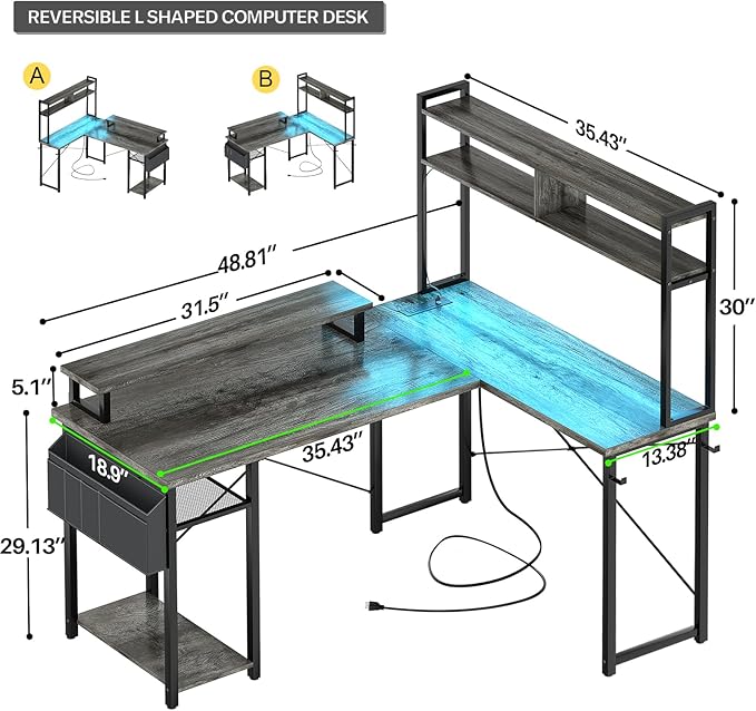 Aheaplus Small L Shaped Gaming Desk with LED Lights &amp Power Outlets Reversible L-Shaped Computer Desk with Monitor Stand &amp Storage Shelf Corner Desks Home Office Desk with Storage Bag Grey