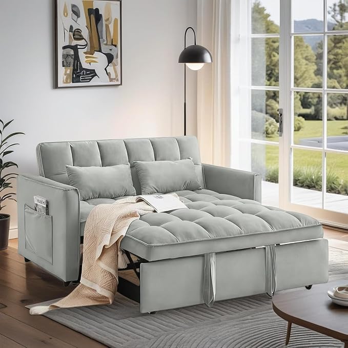 Convertible Sofa Bed Love Seat Sleeper Bed with Side Pockets 3 in 1 Velvet Fabric Pull Out Couch with Adjustable Backrest for Living Room Bedroom Apartment Light Gray