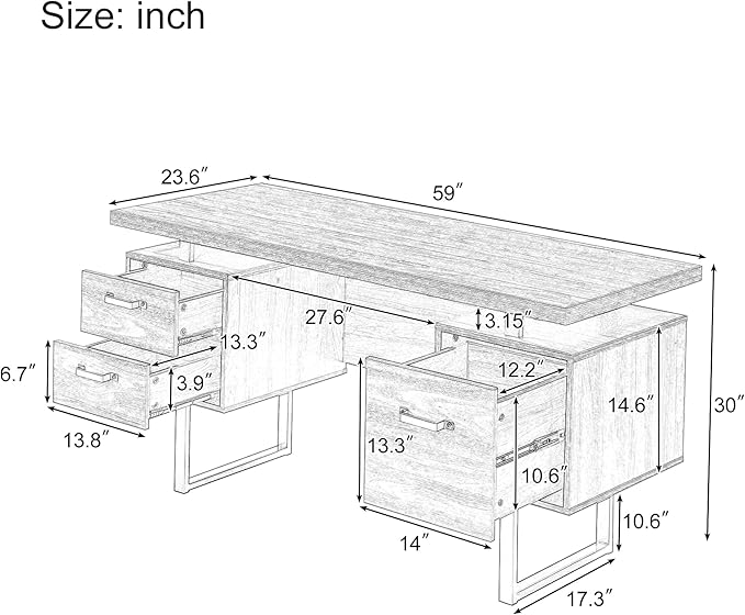 Home Office Computer Desk with DrawersHanging Letter Size Files 59 inch Writing Study Table with Drawers