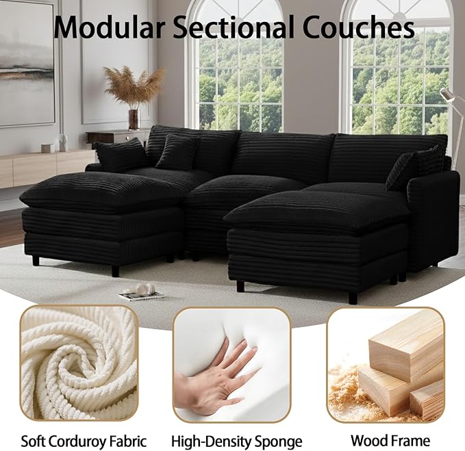108'' Modular Sectional Sofa U-Shaped Sectional Couch with Deep SeatComfy Fluffy Soft Corduroy 5-Seat Couches Modern Convertible Cloud Sofa with Ottoman for Living Room Small Apartments(Black)