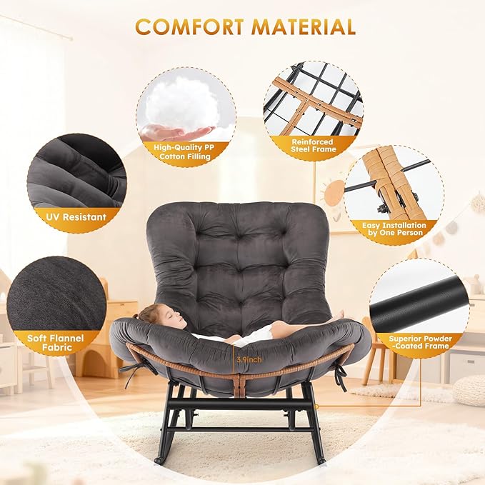 IDEALHOSUE Papasan Rocking Chair with Foot Rest Ergonomic Papasan Chair with Thick Soft Cushion Metal Frame &amp PE Rattan Lounge Chairs for Living Room Bedroom Relaxation Space