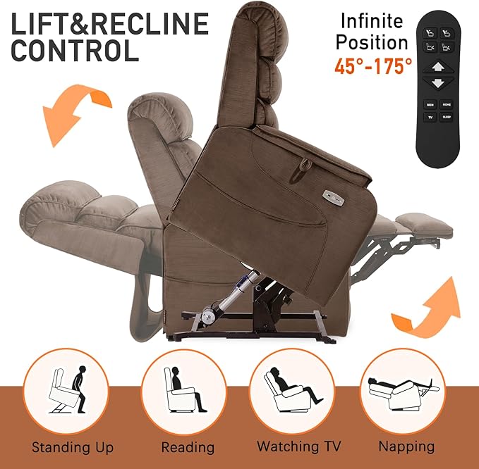 EONIX Dual Motor Lay Flat Power Lift Recliner Chair for Elderly Chenille Fabric Electric Lift Chairs for Adults 400lbs Heavy Duty Power Recliner with Heat Massage Charging Ports Chenille Brown