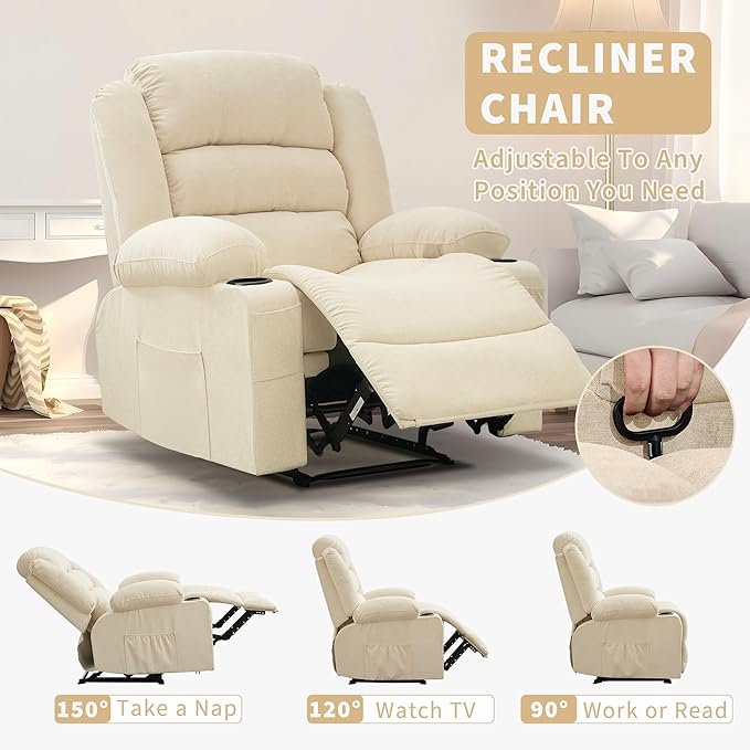 Large Recliner Chair for Adults Manual Pull Tab Reclining Chair with Cup Holders 3-Position Recliner Sofa for Living Room Overstuffed Single Sofa Chair Supports 350 Lbs
