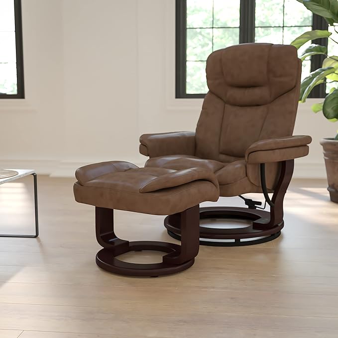 Flash Furniture Allie LeatherSoft Upholstered Recliner with Footrest Arms and Headrest Padded Swivel Recliner Chair and Ottoman Set Palimino