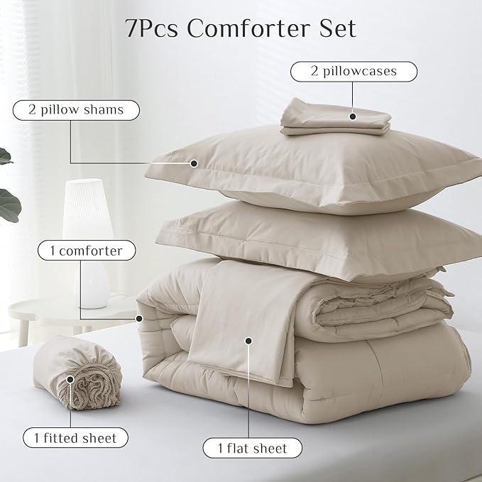JOLLYVOGUE Queen Comforter Set Ultra-Soft Bed in a Bag Queen Size 7 Pieces Oeko-TEX Certified Bedding Set with Down Alternative Comforter Sheets Pillowcases &amp Shams Oatmeal