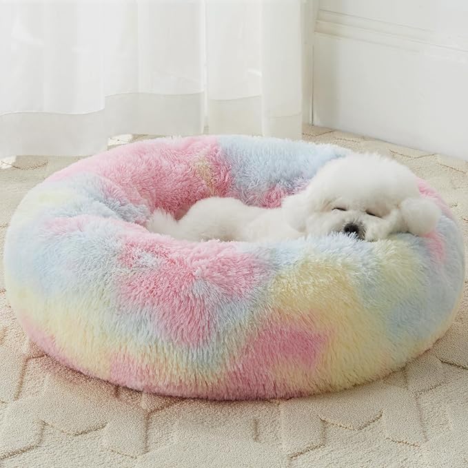 WNPETHOME Donut Dog Beds Large Sized DogAnti-Anxiety Caming Large Pet BedFluffy Faux Fur Plush Puppy BedWarming Cozy Soft Round Bed for Pet Cat Cuddler Cushion