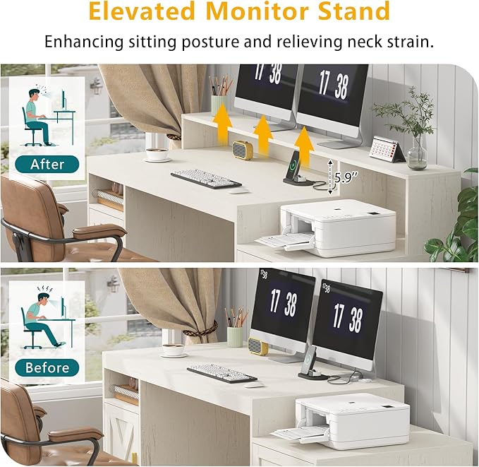 TVU Farmhouse Computer Desk with Drawers 65'' Home Office Desk with Power Outlets Storage Cabinet and Printer Stand Study Writing Desks with Long Monitor Stand White