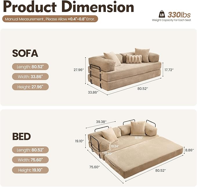 4-in-1 Folding Convertible Sofa Bed 81 Boneless Couch with Pillow Back Support Armrest Corduroy Loveseat Sleeper Compression Couch Floor Sofas Futon for Living RoomBeige