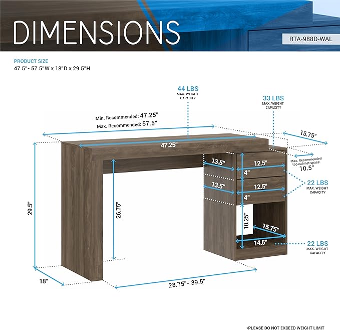 Expandable Desk with Storage Drawers &amp Open Shelf - Expands from 47 Inch to 57 Inch - Walnut Computer Desk with Printer Space - Modern Home Office Table with Drawers - Techni Mobili Blanco Collect